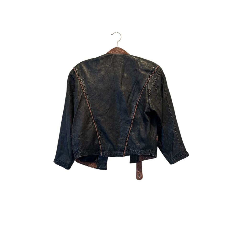 Vintage Butter Soft Black Leather Moto Jacket Brown Trim Quiet Luxury Minimalist - Picture 10 of 16